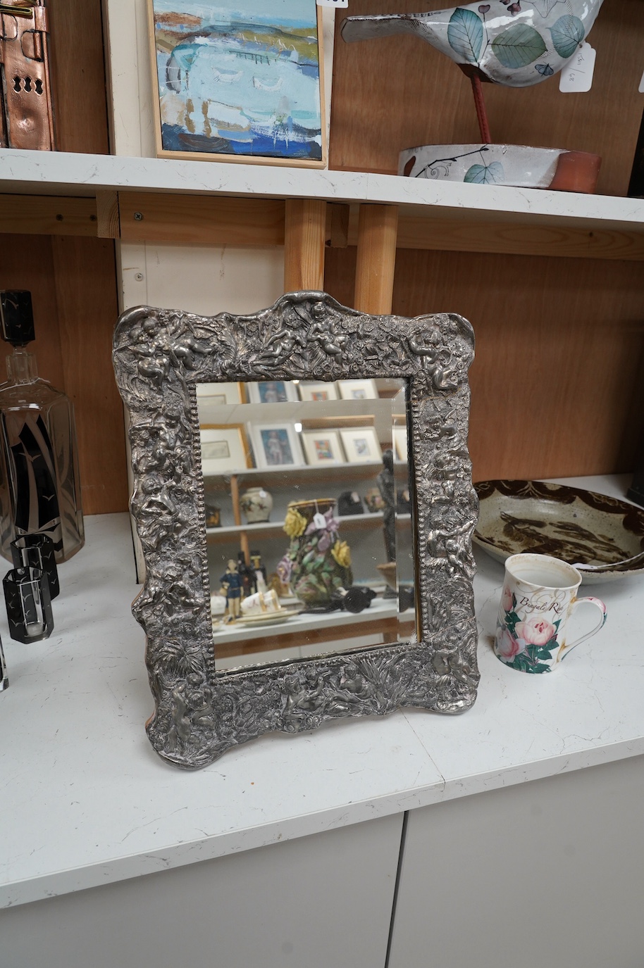 A 20th century silver plate framed dressing table easel mirror, 39cm tall. Condition - poor